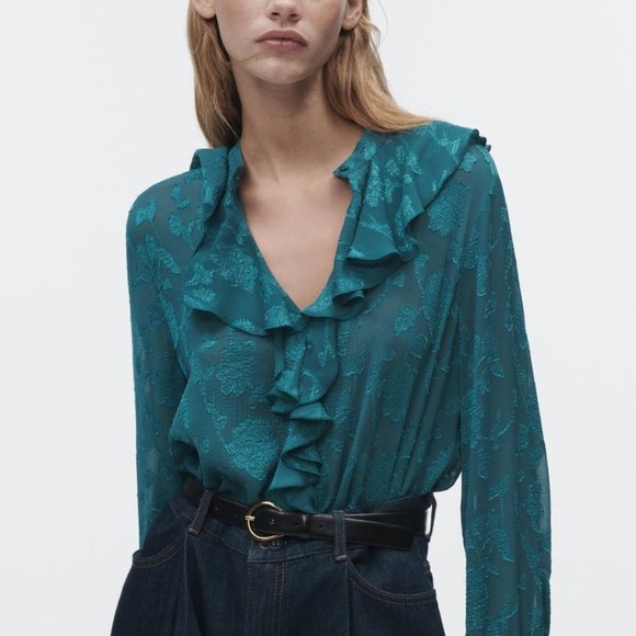 Zara Tops - ZARA RUFFLED JACQUARD SHIRT DUCK GREEN SIZE L | 2285/893/538